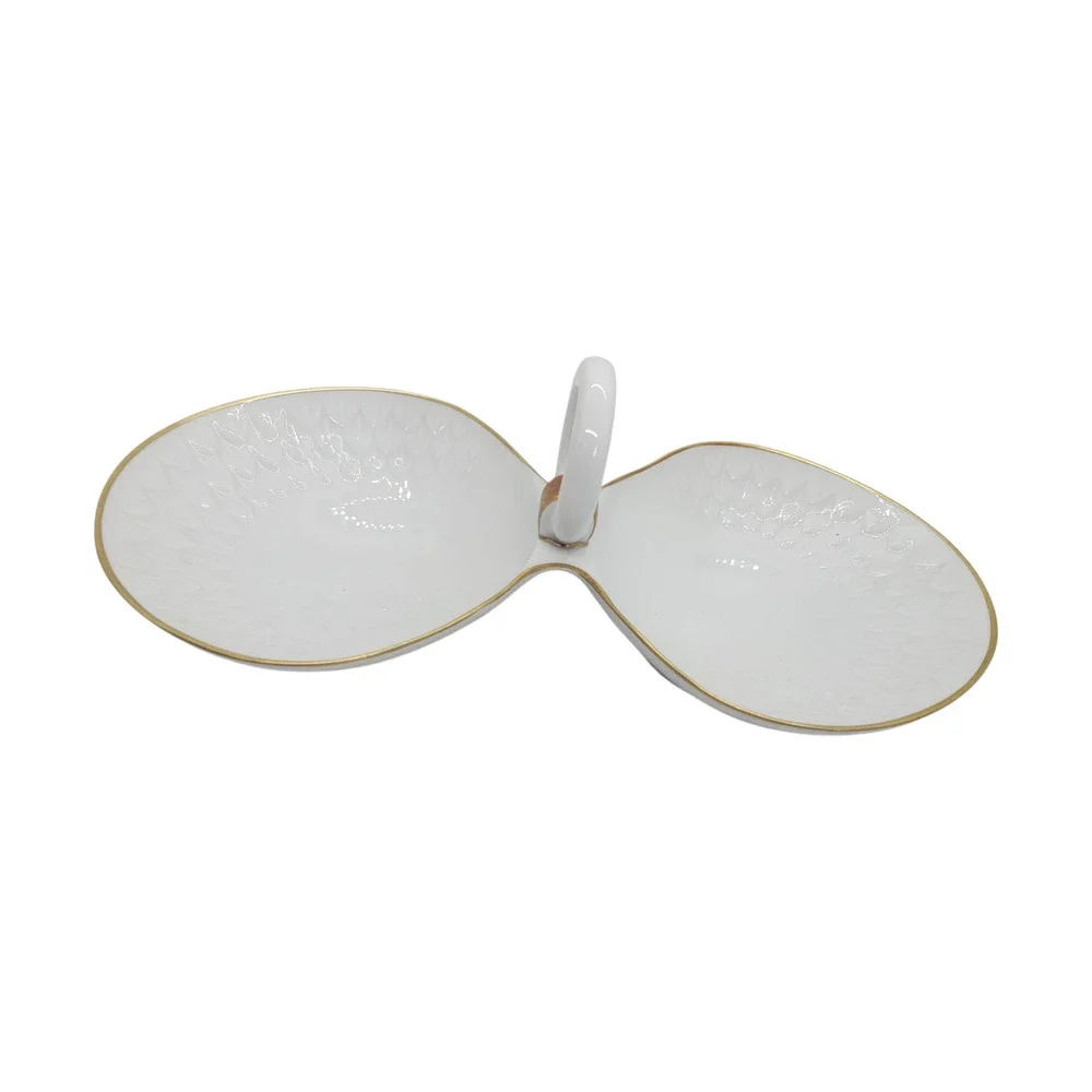 Vintage Limoges France Double Clam Shell Dish Trinket White Porcelain Gold Trim